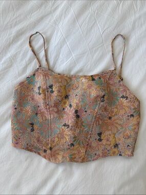 Floral Jacquard Spaghetti Strap Crop Corset Top in Peach Multi